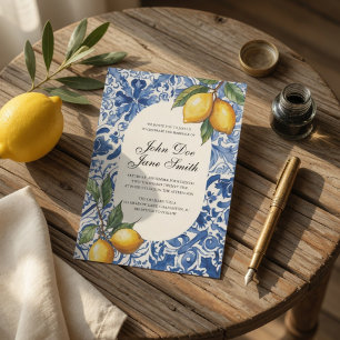 Invitation Carreau Bleu Citron Méditerranéen
