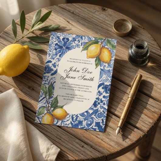 Invitation Carreau Bleu Citron Méditerranéen