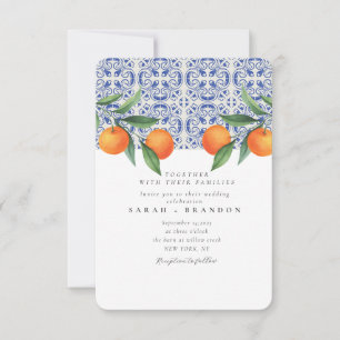 Invitation Carreau bleu orange aquarelle Mariage méditerranée