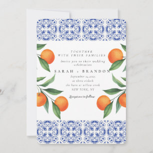 Invitation Carreau bleu orange aquarelle Méditerranéen Mariag