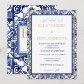 Invitation Carreau espagnol classique bleu et blanc (Devant / Derrière)