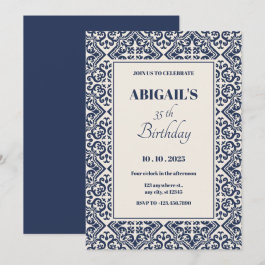 Invitation Carreau vintage bleu foncé  (Devant / Derrière)