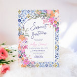 Invitation Carreaux bleu italien aquarelle floral Sweet 16<br><div class="desc">Notre motif en céramique bleue d'inspiration italo-méditerranéenne, jumelé à une joyeuse peinture rose printanière été illustrations botaniques fleurs sauvages crée un joli joli et moderne Sweet 16 adolescent invitation de fête d'anniversaire qui est sûr d'impressionner! Doté d'une arche moderne et d'un élégant script de brosse. Impressionnez vos invités avec ce...</div>