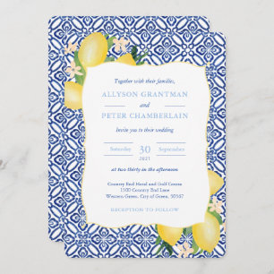 Invitation Carreaux bleu italien Aquarelle Lemons Mariage