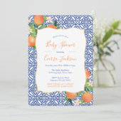 Invitation Carreaux bleu Positano Baby shower Citrus Oranges (Debout devant)