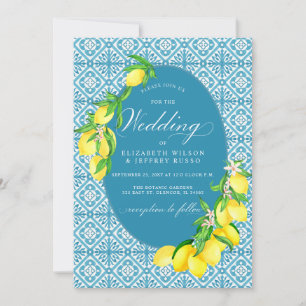 Invitation Carreaux bleu sicilien Mariage citron bois d'été
