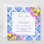 Invitation Carreaux bleus Bougainvillea citrons mariage éléga (Devant)