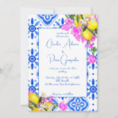 Invitation Carreaux bleus Bougainvillea citrons mariage éléga (Devant)