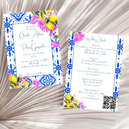Invitation Carreaux bleus Bougainvillea citrons mariage éléga