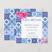 Invitation Carreaux bleus Bougainvillea Floral Save the Date (Devant / Derrière)