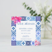 Invitation Carreaux bleus Bougainvillea Floral Save the Date (Debout devant)