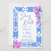 Invitation Carreaux bleus Bougainvillea photo enregistrer la (Devant)