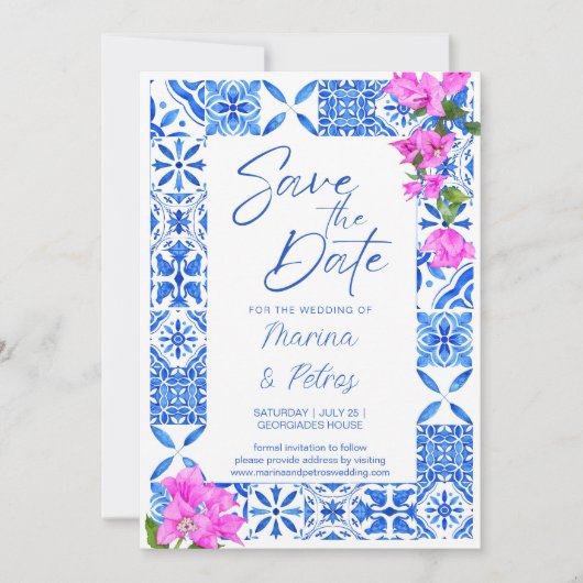 Invitation Carreaux bleus Bougainvillea photo enregistrer la (Devant)