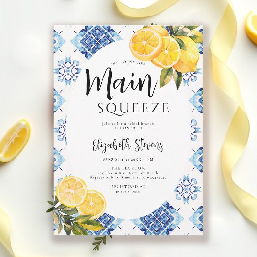 Invitation Carreaux Bleus Citron Main Squeeze Fête de Mariage