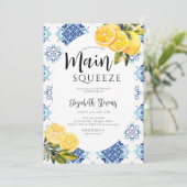 Invitation Carreaux Bleus Citron Main Squeeze Fête de Mariage (Debout devant)