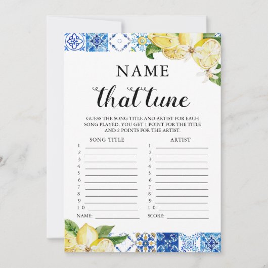 Invitation Carreaux Bleus Citron Nom Qui Tune Fête des mariée (Devant)