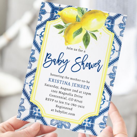 Invitation Carreaux bleus Citrons Capri Baby shower