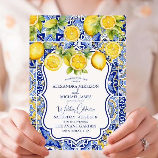 Invitation Carreaux bleus Citrons Mariage