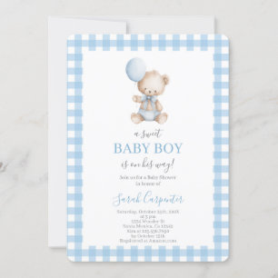 Invitation Carreaux bleus et ours Fête de bébé garçon