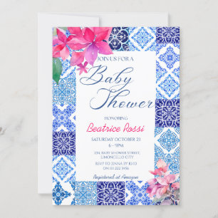 Invitation Carreaux bleus Floral Amalfi Baby shower italien