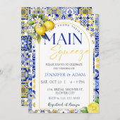 Invitation Carreaux bleus méditerranéens au citron Main Squee (Devant / Derrière)