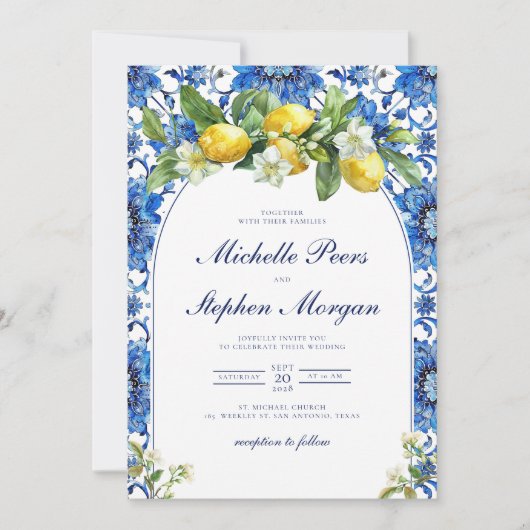 Invitation Carreaux Bleus Méditerranéens Citron (Devant)