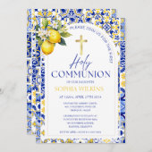 Invitation Carreaux Bleus Méditerranéens Citron Première Comm (Devant / Derrière)