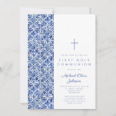 Invitation Carreaux Croix Bleue Moderne Garçon Première Commu (Devant)