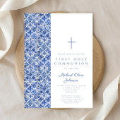Invitation Carreaux Croix Bleue Moderne Garçon Première Commu