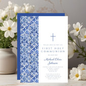 Invitation Carreaux Croix Bleue Moderne Garçon Première Commu