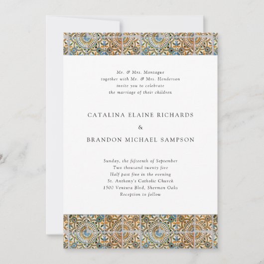 Invitation Carreaux d'antiquité Mariage bleu et or (Devant)