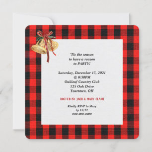 Invitation carreaux de bûcheron rouge et noir avec cloches de