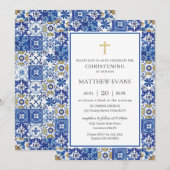 Invitation Carreaux de mosaïque bleu méditerranéen (Devant / Derrière)