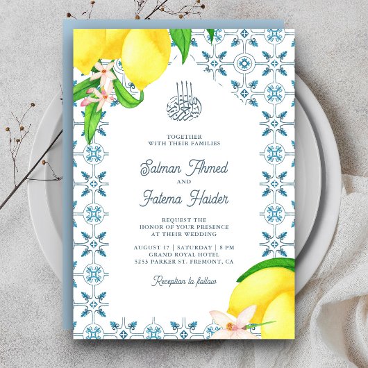 Invitation Carreaux de mosaïque bleu Perse Citron Mariage isl