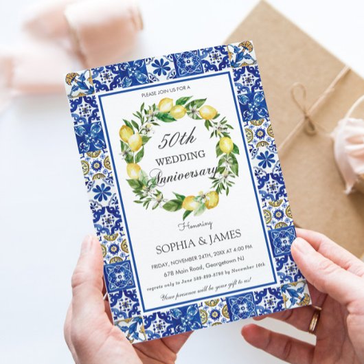 Invitation Carreaux de mosaïque de citrons chic 50e anniversa