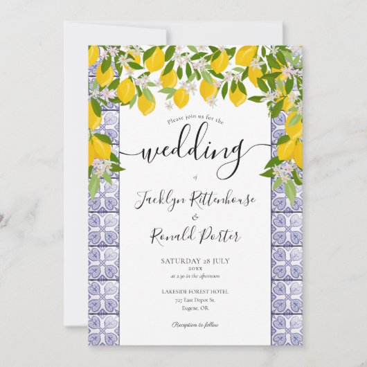 Invitation Carreaux de verdure de citrons Script Mariage (Devant)