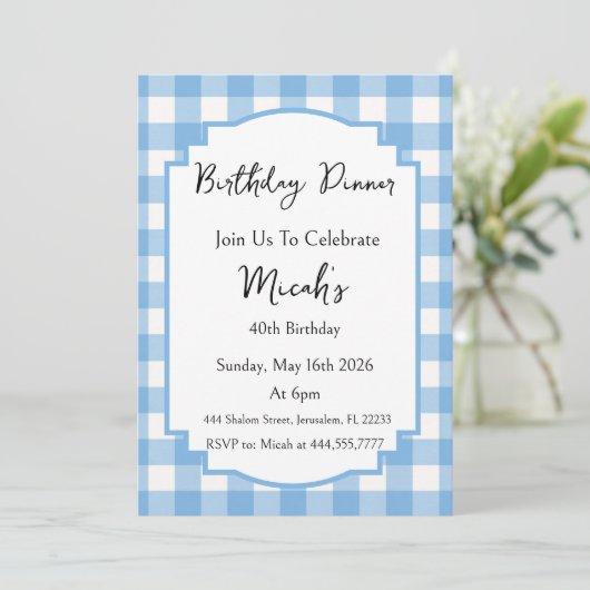 Invitation Carreaux Gingham Bleu Blanc, Simple Moderne (Debout devant)
