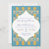 Invitation Carreaux marocains Bleu Jaune Code QR or (Devant)