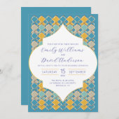 Invitation Carreaux marocains Bleu Jaune Code QR or (Devant / Derrière)