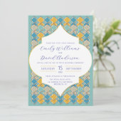 Invitation Carreaux marocains Code QR bleu or (Debout devant)