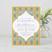 Invitation Carreaux marocains minimaux Jaune Bleu Or Code QR (Debout devant)