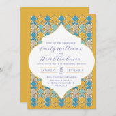 Invitation Carreaux marocains minimaux Jaune Bleu Or Code QR (Devant / Derrière)