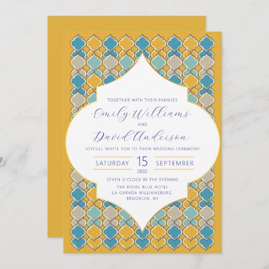 Invitation Carreaux marocains minimaux Jaune Bleu Or Code QR (Devant / Derrière)