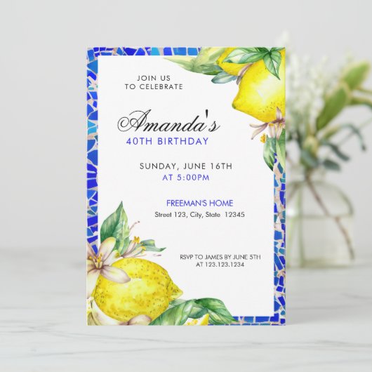 Invitation Carreaux Méditerranéens Bleu & Jaune Citron à l'Aq (Debout devant)