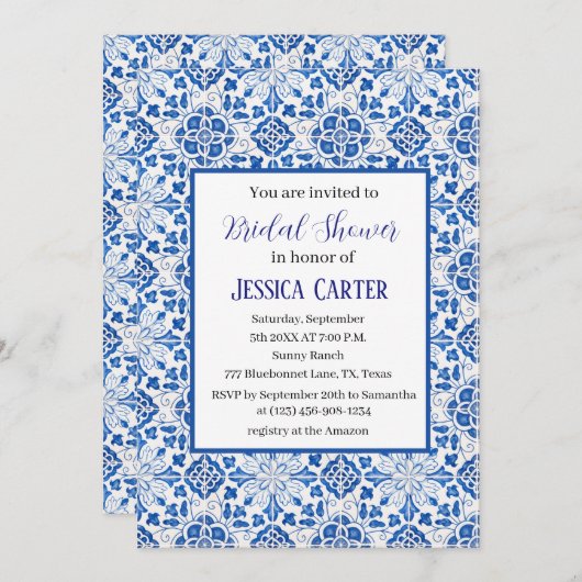 Invitation Carreaux portugais Fête des mariées d'aquarelle fl (Devant / Derrière)