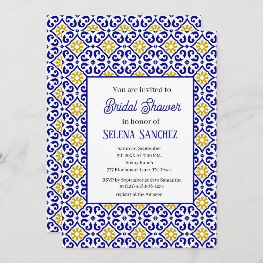 Invitation Carreaux portugais Fête des mariées d'aquarelle fl (Devant / Derrière)