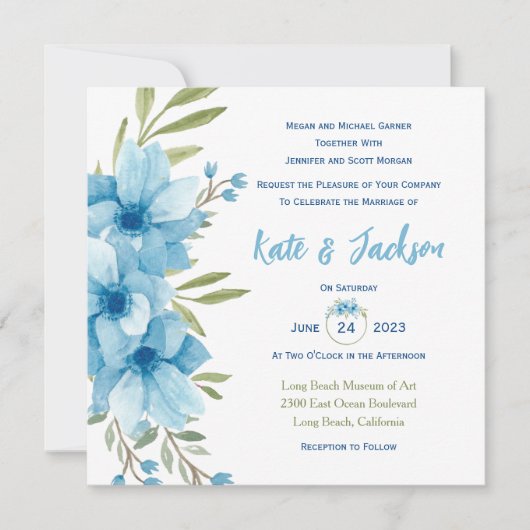 Invitation Carrée Florale Aquarelle Bleue (Devant)