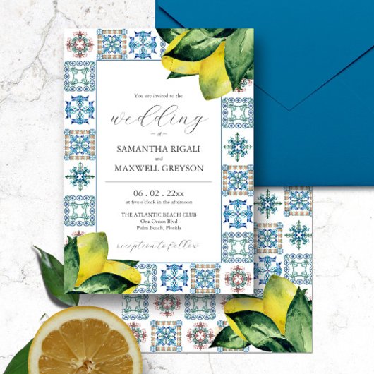 Invitation Carrelage Amalfi & Aquarelle Lemon Wedding Invitat