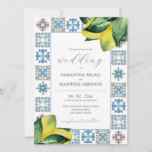 Invitation Carrelage Amalfi & Aquarelle Lemon Wedding Invitat (Devant)
