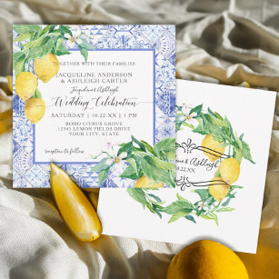 Invitation Carrelage bleu blanc Citron Floral Citrus Feuillag